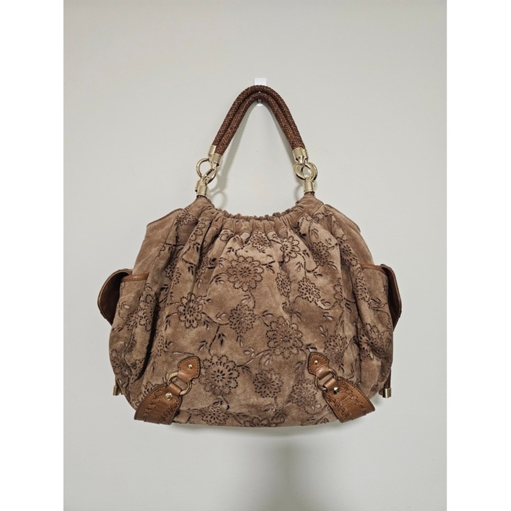 Cole Haan Brown Floral Embossed Suede Hobo Bag - Picture 2 of 14